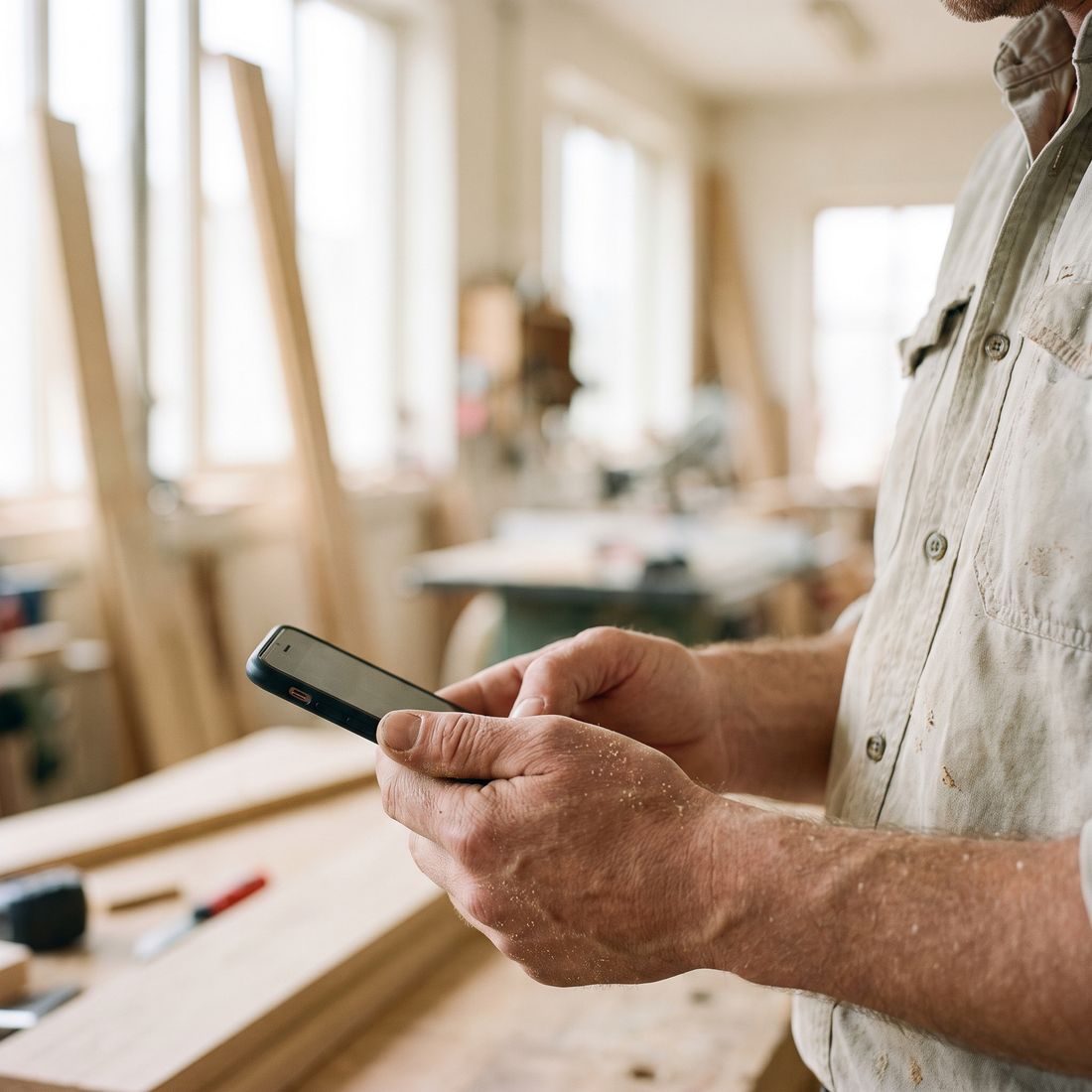 Hände eines Handwerkers mit Smartphone